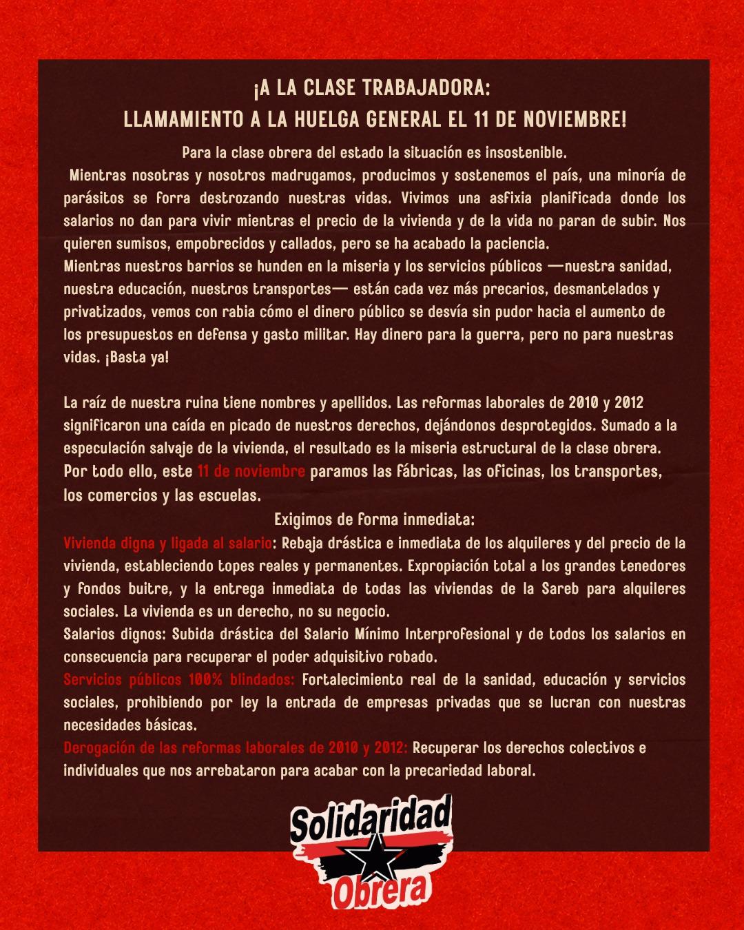 Llamamiento a la huelga general del 11 de noviembre: exigencias